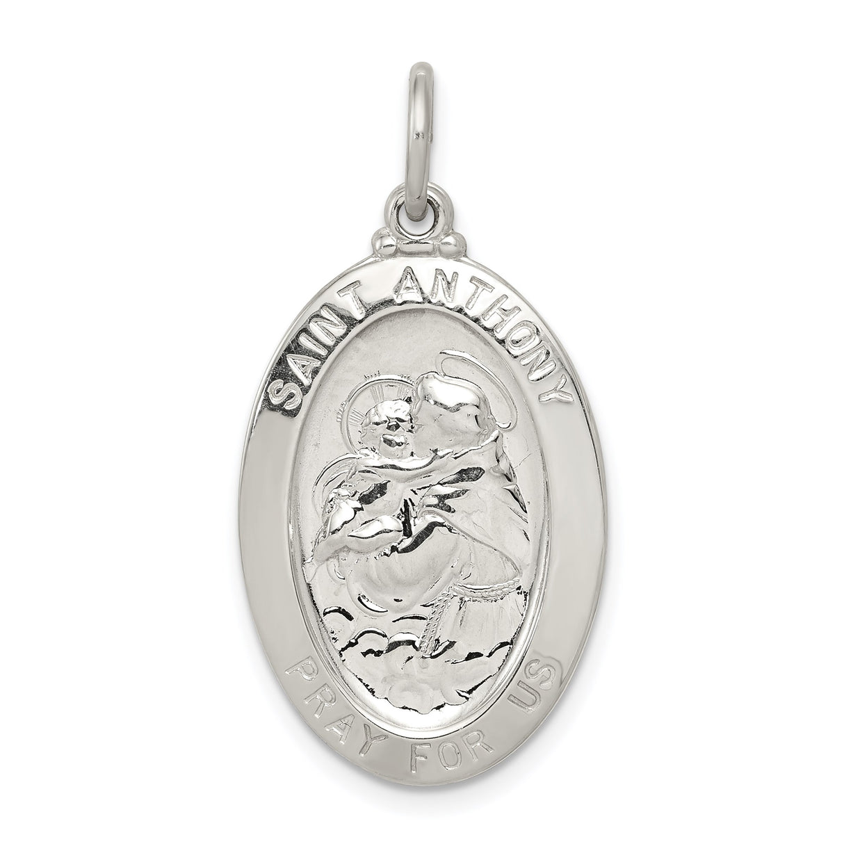 Sterling Silver Saint Anthony Oval Medal Pendant with Raised Depiction and Inscription