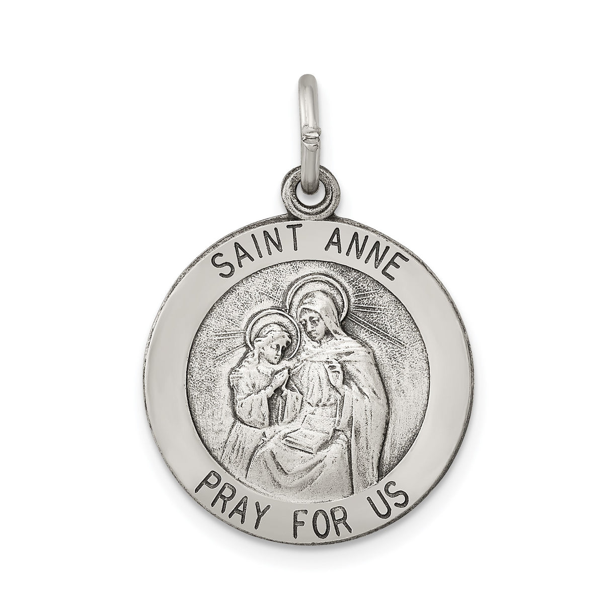 Sterling Silver Saint Anne Pendant Medal with Pray for Us Inscription Christian Charm