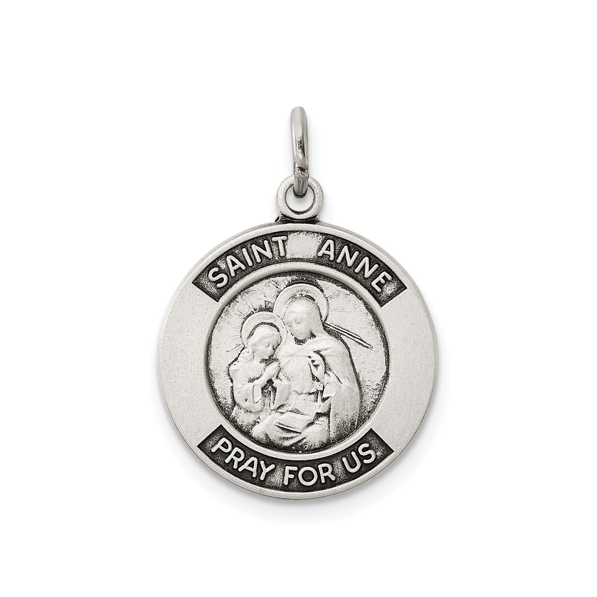 Sterling Silver Saint Anne Pendant with Raised Virgin Mary Image and Catholic Inscription