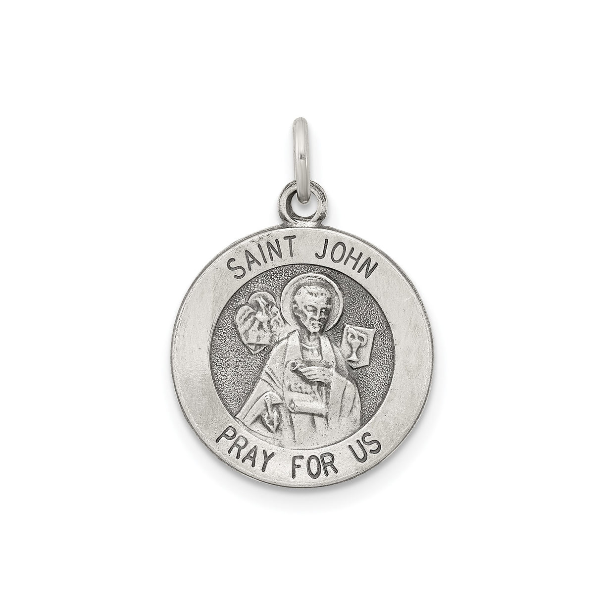 Sterling Silver Saint John Medal Pendant, Catholic Devotional Jewelry with Prayer Design