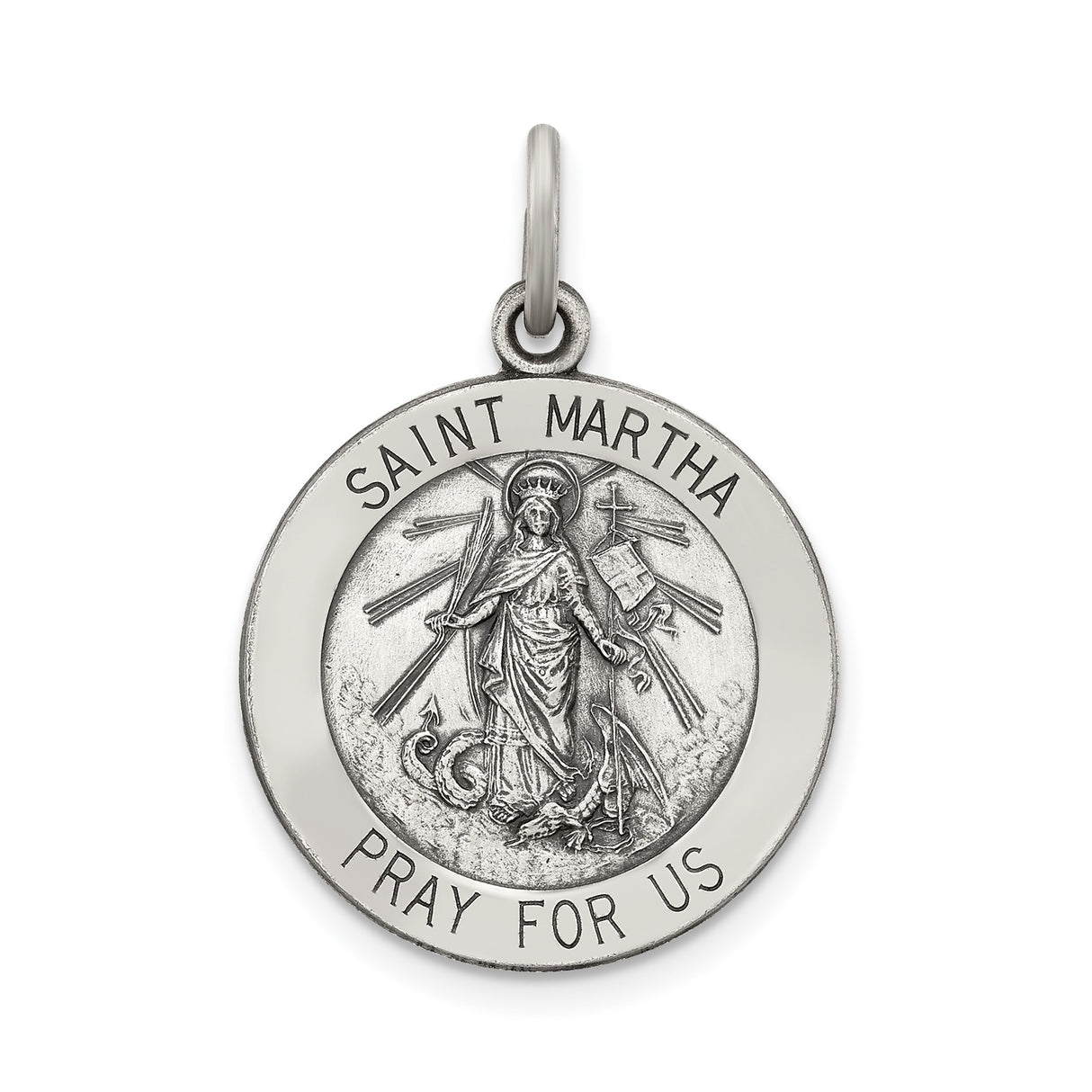 Sterling Silver Saint Martha Pendant with Cross and Palm Engraving, Catholic Medal for Women