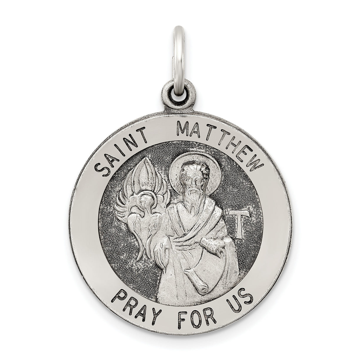 Antiqued Saint Matthew Medal Charm Pendant in Real 925 Sterling Silver