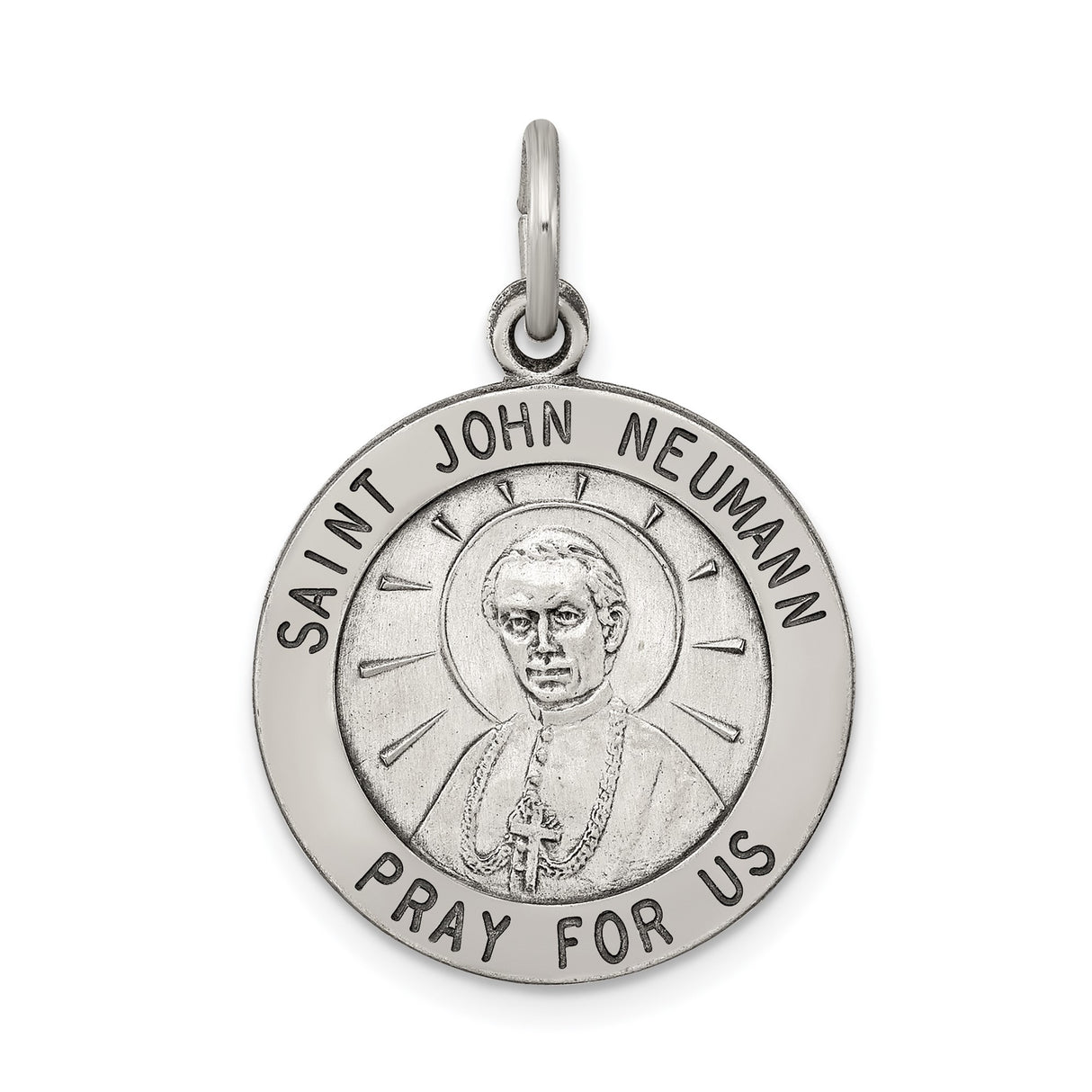 Sterling Silver Saint John Neumann Medal Pendant with Halo and Cross