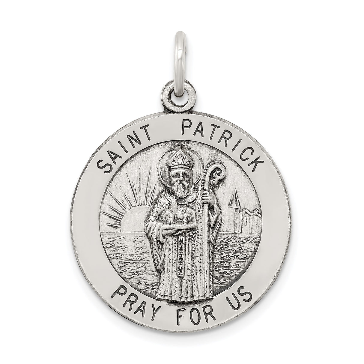 Sterling Silver Saint Patrick Pendant with Bishop Staff, Catholic Religious Medal