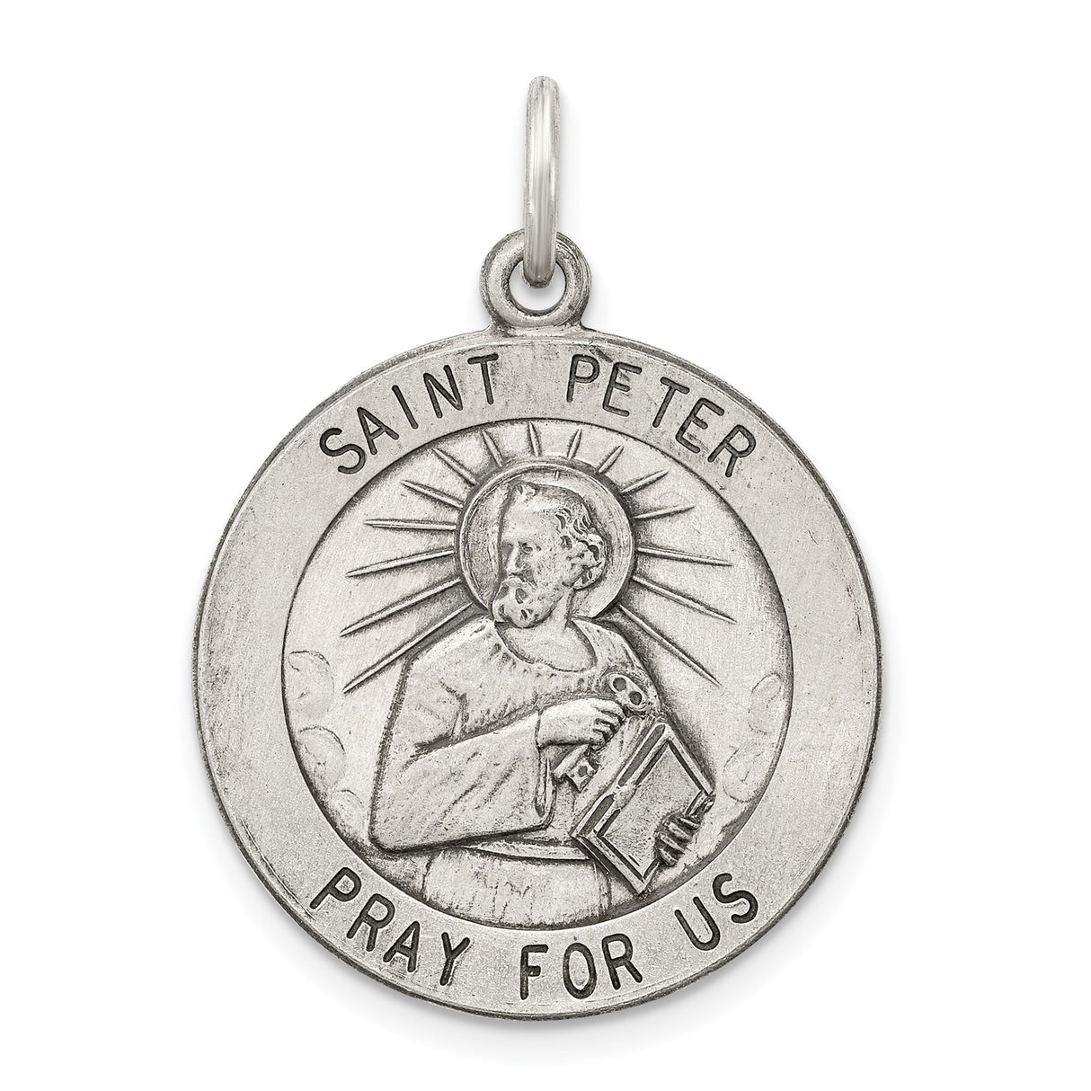 Sterling Silver Saint Peter Medal Pendant with Keys and Pray for Us Inscription