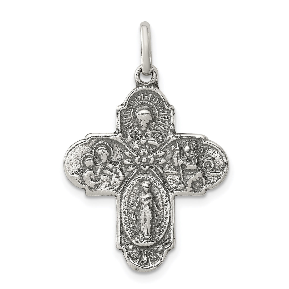 Sterling Silver Catholic Cross Pendant with Virgin Mary, Saint Joseph, Sacred Heart, Saint Christopher