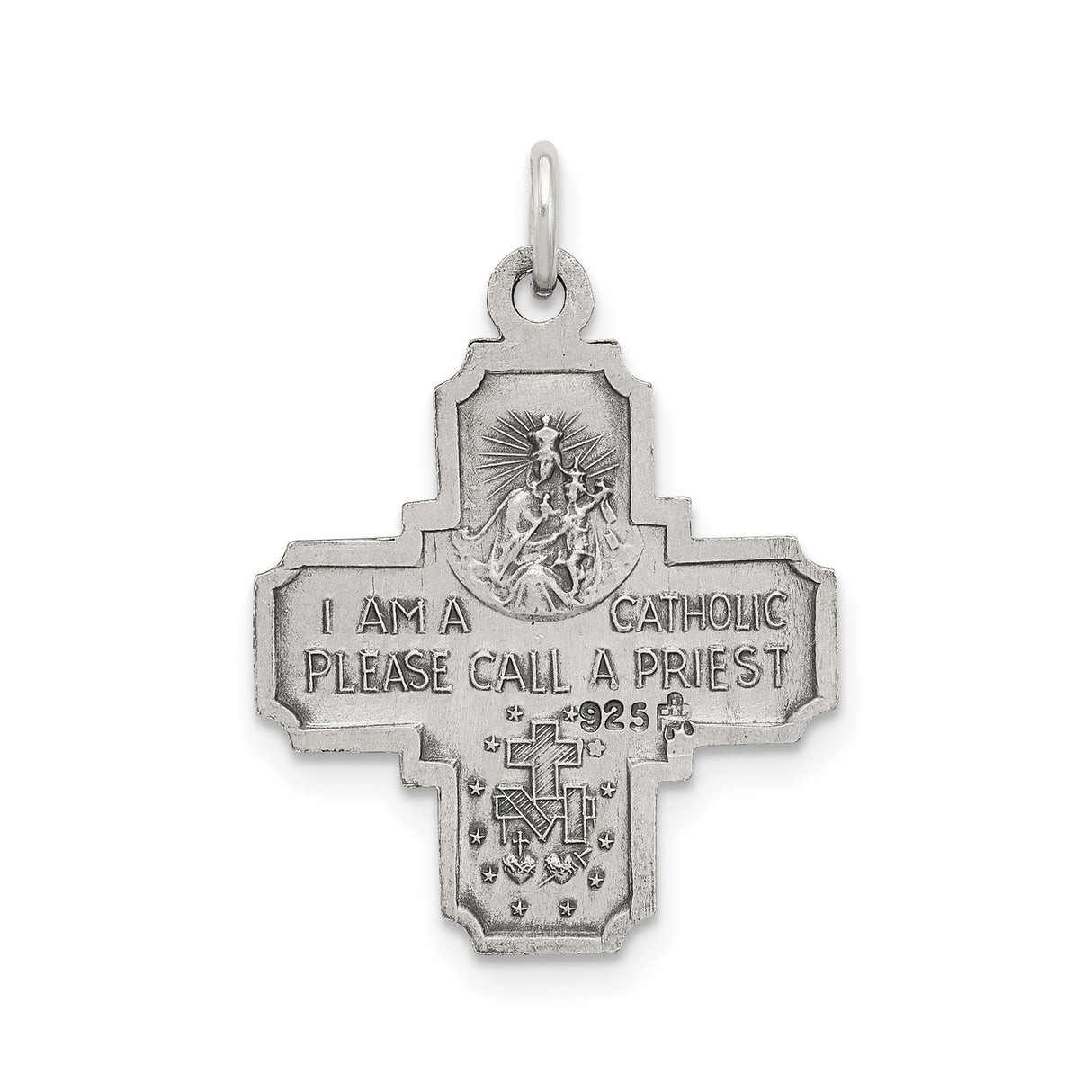 Sterling Silver Four-Way Cross Pendant with Sacred Heart and Saints , Religious Charm