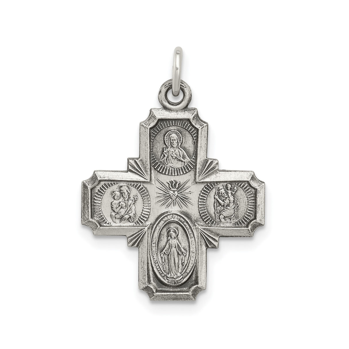 Sterling Silver Four-Way Cross Pendant with Sacred Heart and Saints , Religious Charm