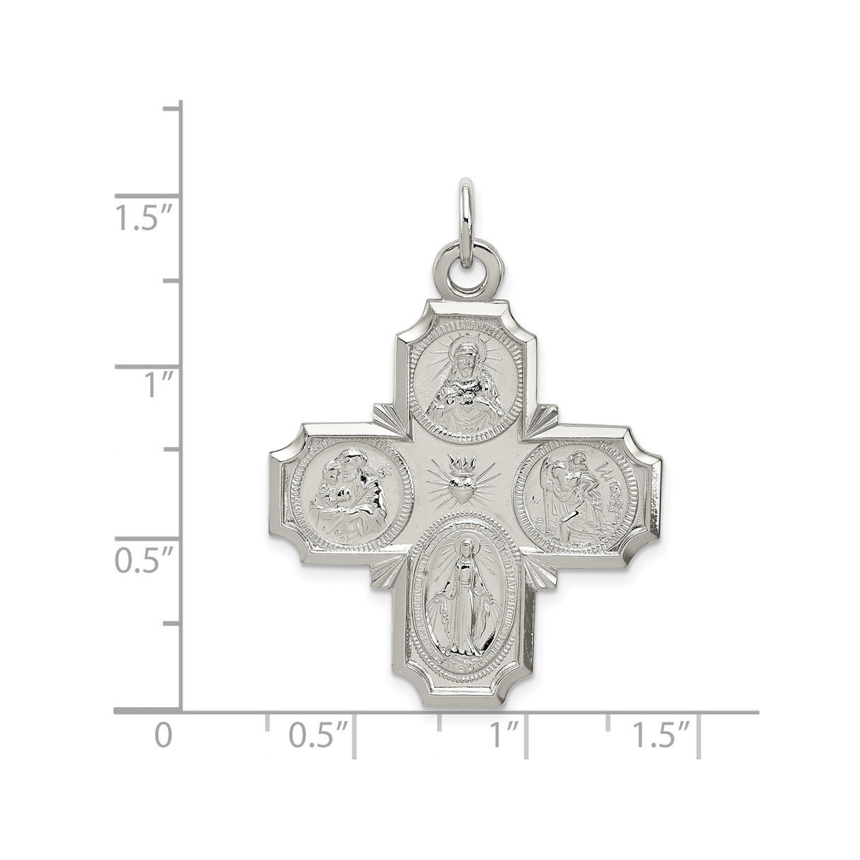Sterling Silver Four-Way Cross Pendant with Sacred Heart, Saint Joseph, Saint Christopher