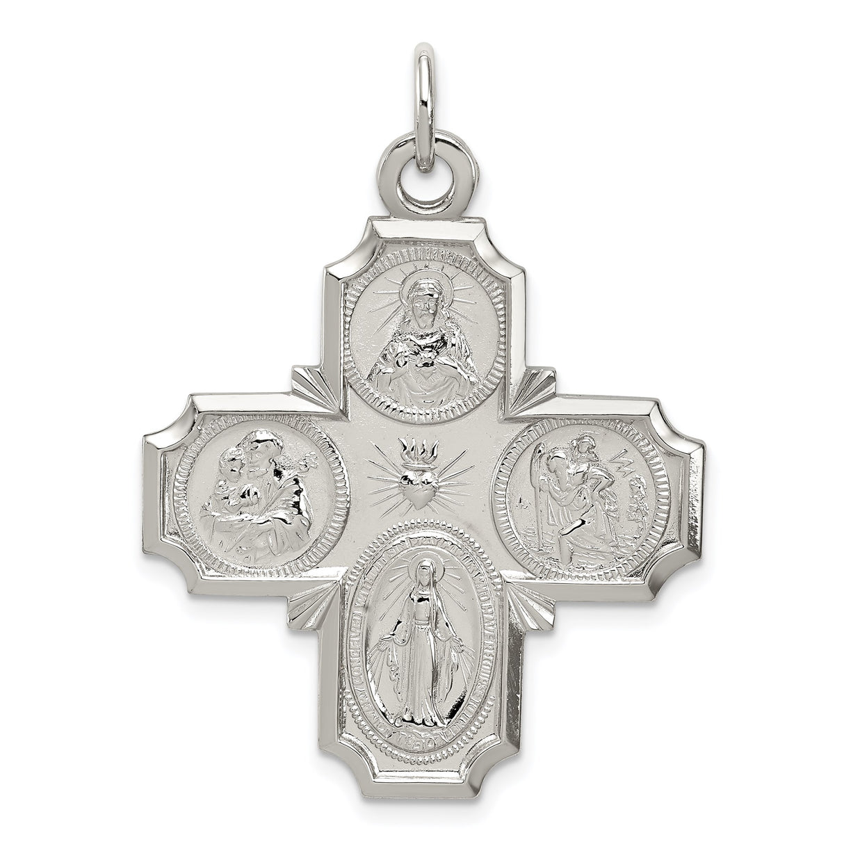 Sterling Silver Four-Way Cross Pendant with Sacred Heart, Saint Joseph, Saint Christopher