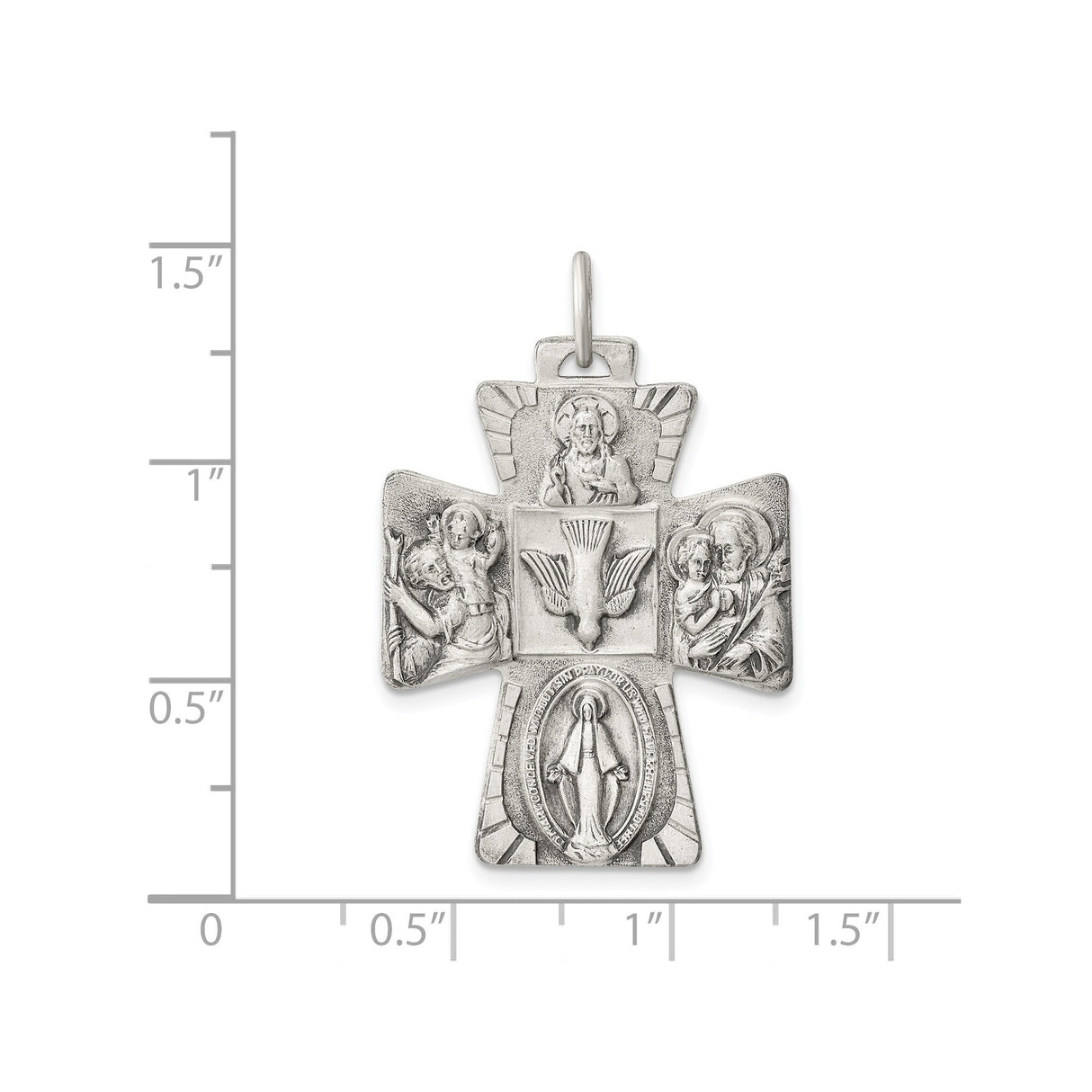 Sterling Silver Four-Way Cross Pendant with Jesus, Mary, Saint Joseph, and Saint Christopher