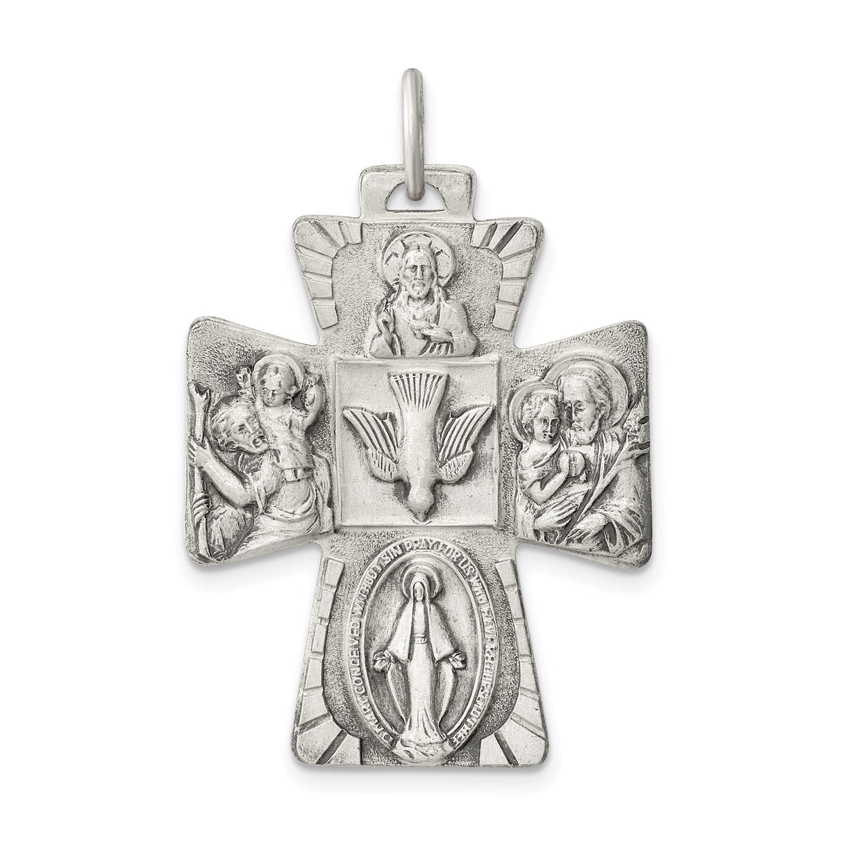 Sterling Silver Four-Way Cross Pendant with Jesus, Mary, Saint Joseph, and Saint Christopher