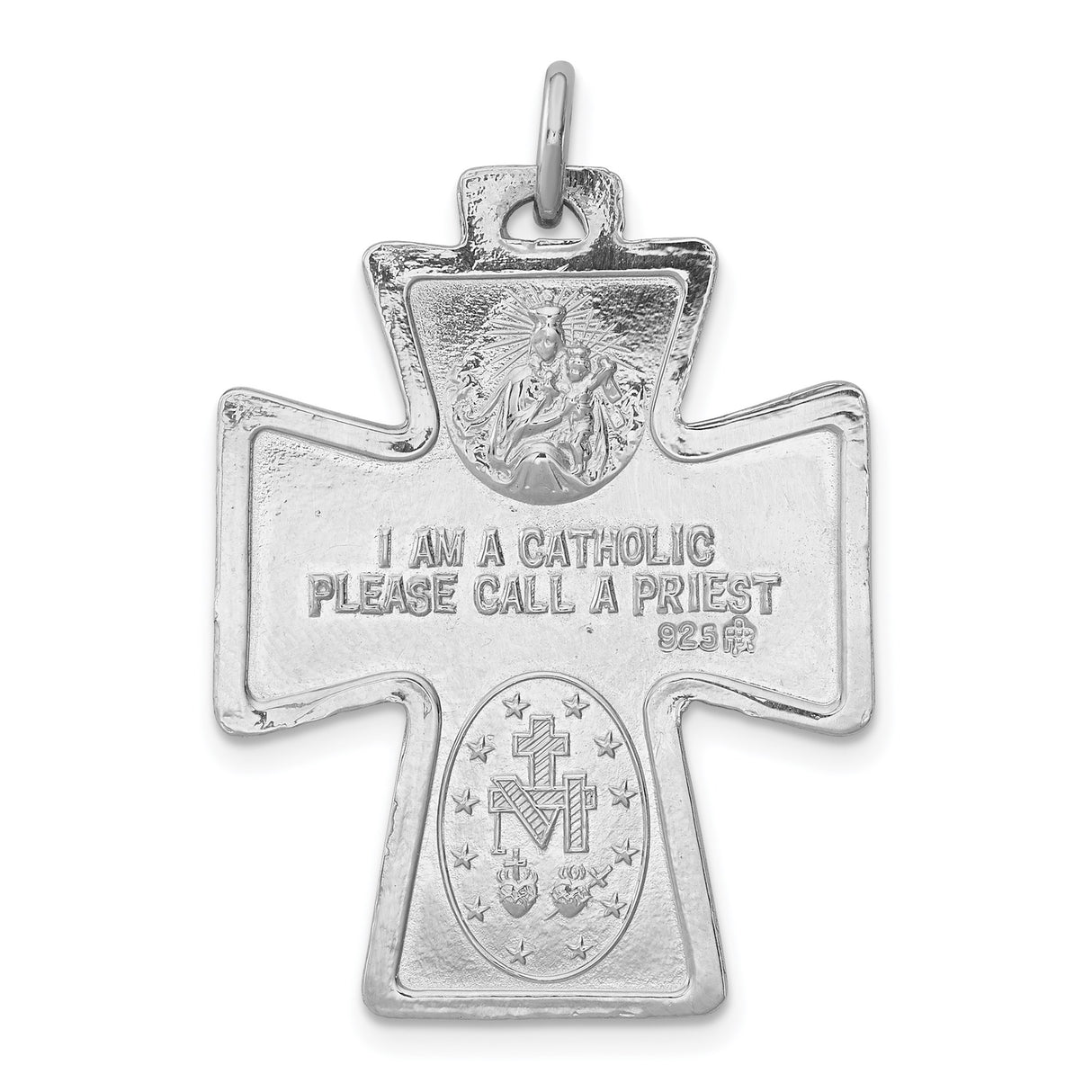 Sterling Silver Four-Way Catholic Cross Pendant with Virgin Mary, Saint Christopher, Sacred Heart of Jesus, and Holy Spirit Dove