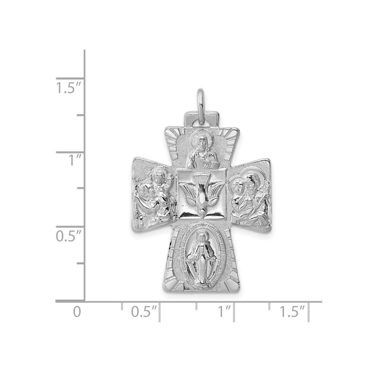 Sterling Silver Four-Way Catholic Cross Pendant with Virgin Mary, Saint Christopher, Sacred Heart of Jesus, and Holy Spirit Dove