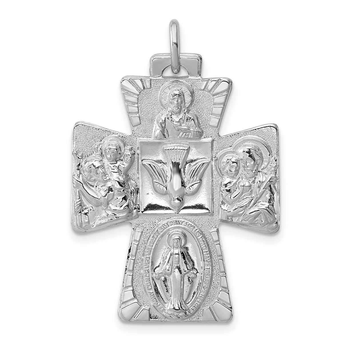Sterling Silver Four-Way Catholic Cross Pendant with Virgin Mary, Saint Christopher, Sacred Heart of Jesus, and Holy Spirit Dove