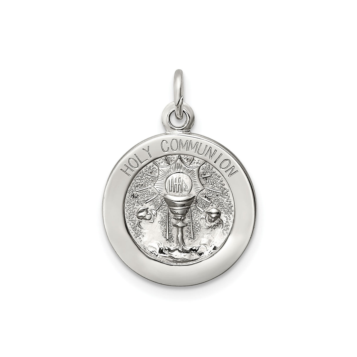 Sterling Silver Holy Communion Pendant with Chalice, IHS Symbol, Rays and Angel Detail