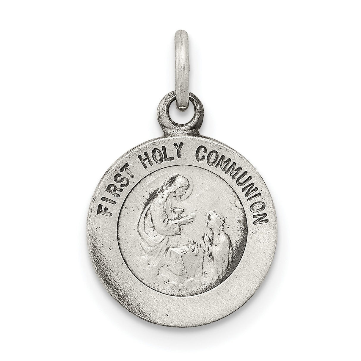 First Holy Communion Words And Religious Figures Charm Pendant in Real 925 Sterling Silver