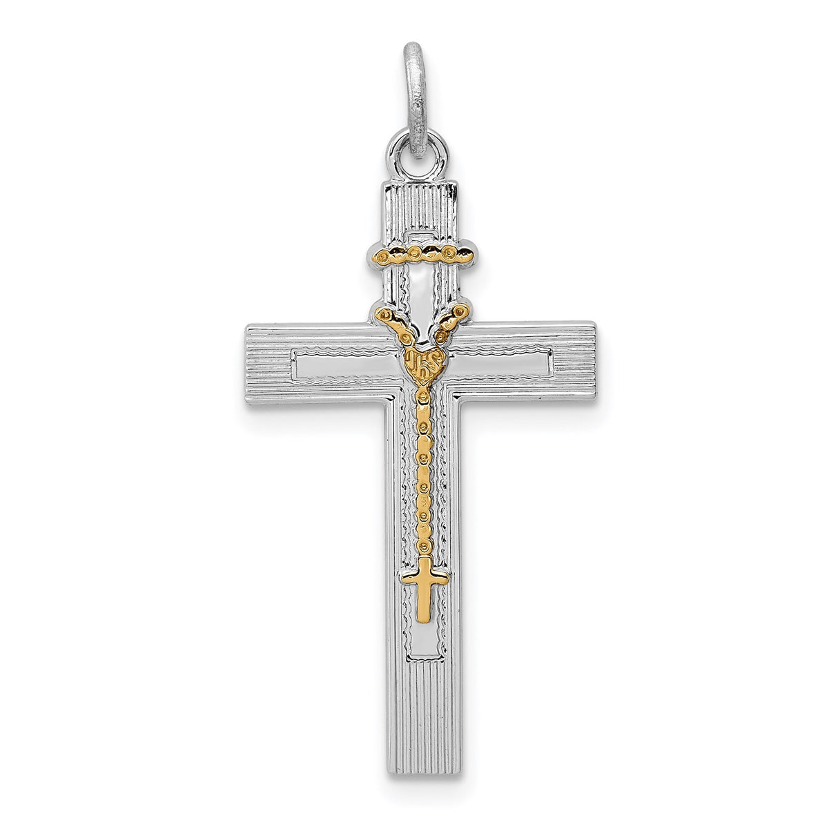 Sterling Silver Cross Pendant with Gold Accents and Rosary Charm in Two-Tone Religious Style