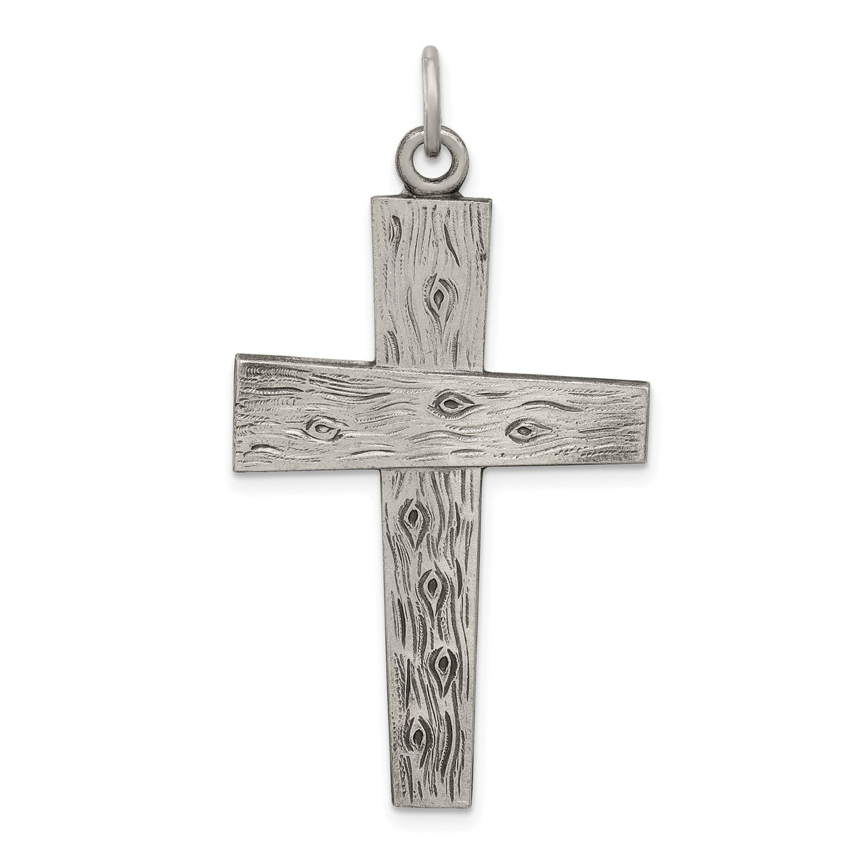 Sterling Silver Cross Pendant with Rustic Woodgrain Texture and Matte Finish