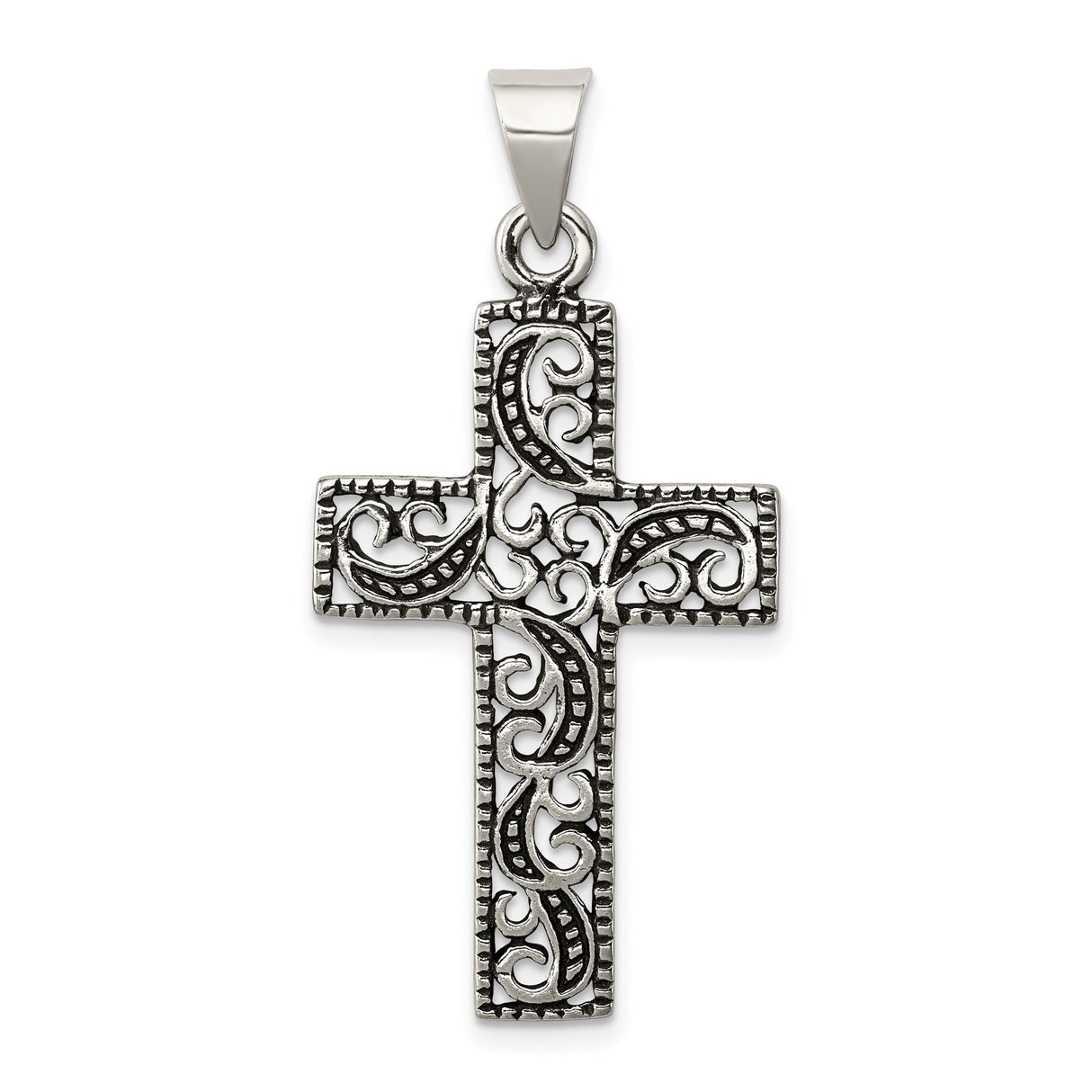 Sterling Silver Cross Pendant with Vintage Scrollwork and Patina Finish, Unisex Religious Jewelry