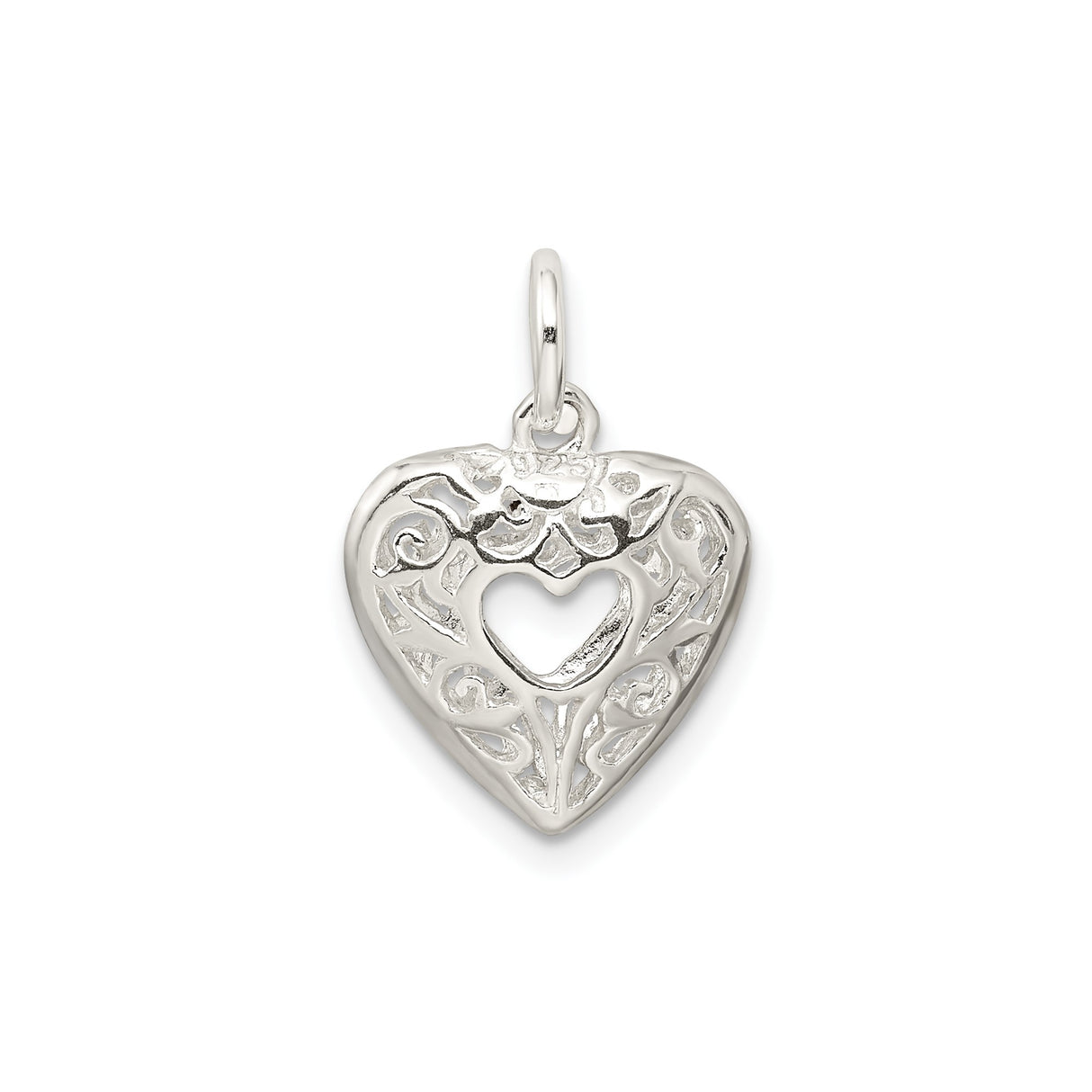 Sterling Silver Heart Pendant with Filigree Scrollwork and Cutout Center Design for Women