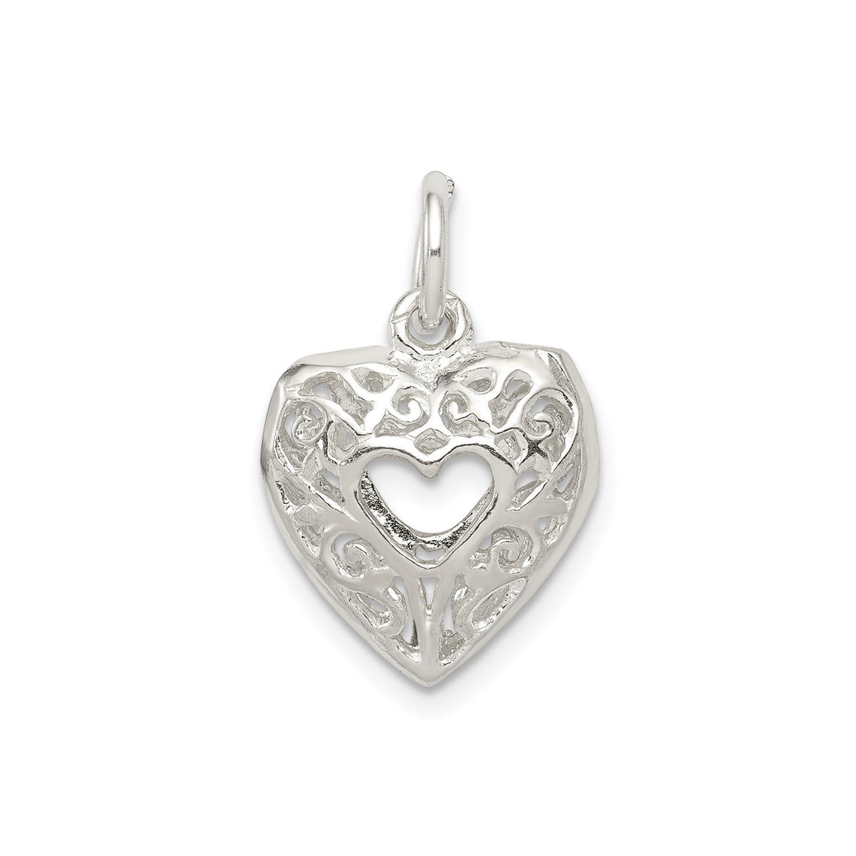Sterling Silver Heart Pendant with Filigree Scrollwork and Cutout Center Design for Women