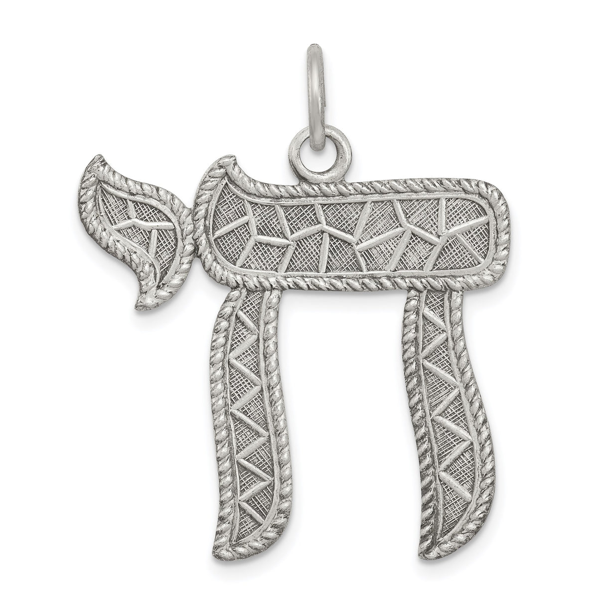 Sterling Silver Chai Pendant with Textured Detailing, Hebrew Life Symbol Charm