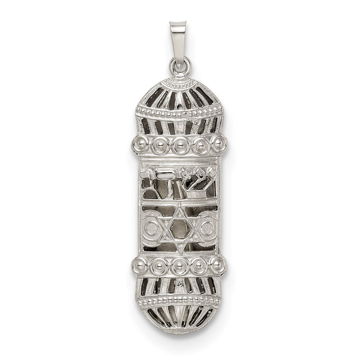 Sterling Silver Mezuzah Pendant with Star of David, Hebrew Shin, and Torah Scroll Detail