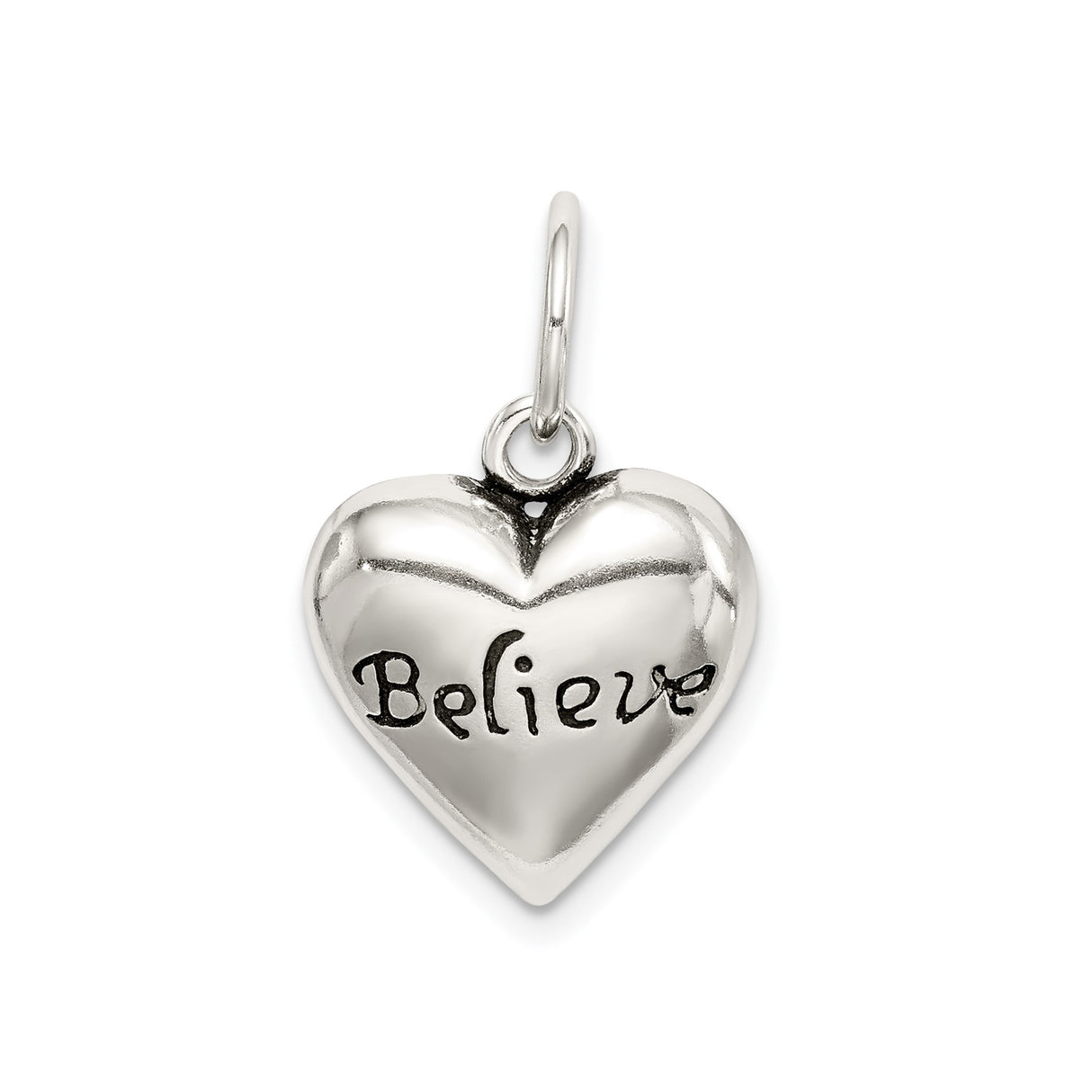 Sterling Silver Heart Pendant with Believe Motivational Design, Inspirational Christian Jewelry