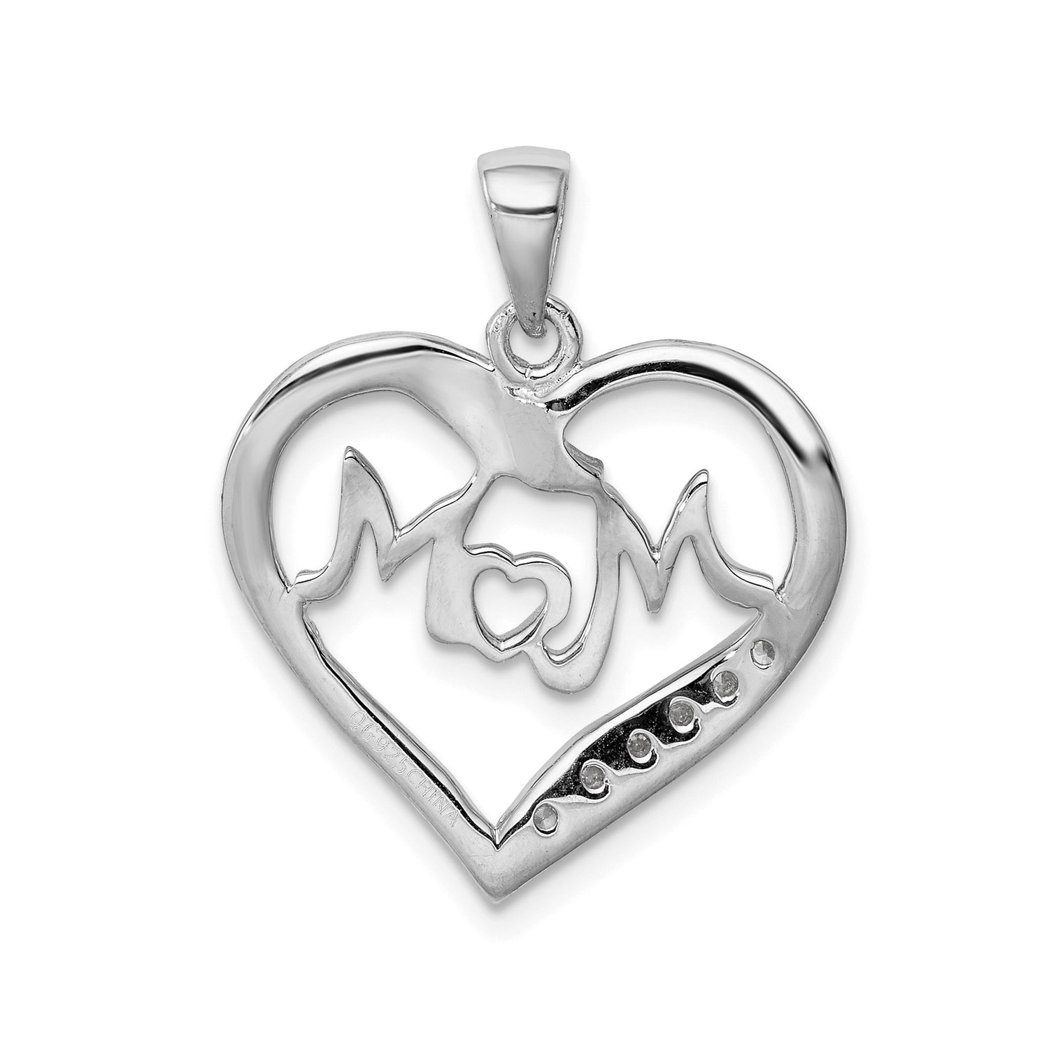 Sterling Silver Heart Shaped Mom Pendant with Cubic Zirconia, Symbol of Love and Family
