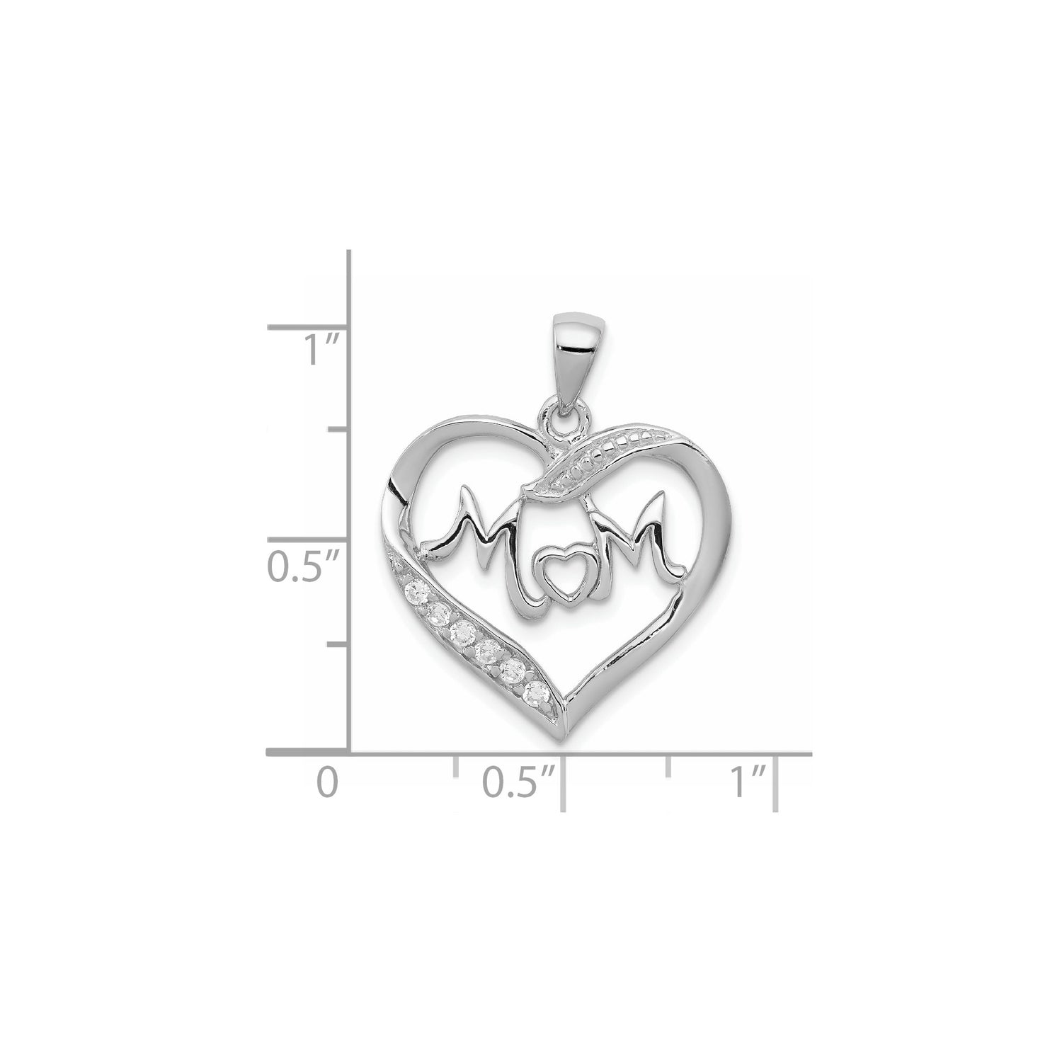 Sterling Silver Heart Shaped Mom Pendant with Cubic Zirconia, Symbol of Love and Family