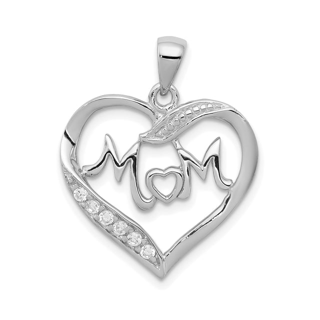 Sterling Silver Heart Shaped Mom Pendant with Cubic Zirconia, Symbol of Love and Family