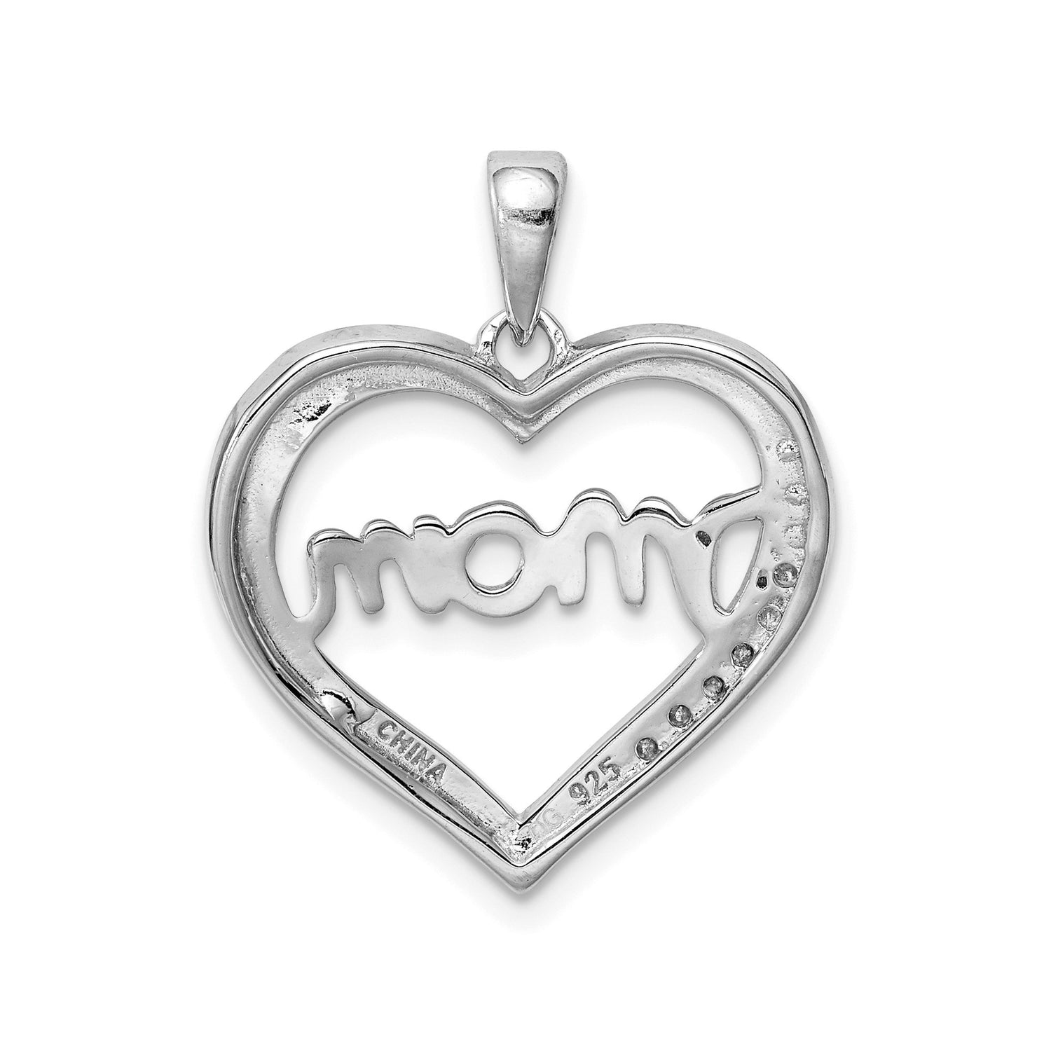 MOM CZ Heart Charm Pendant in Real 925 Sterling Silver