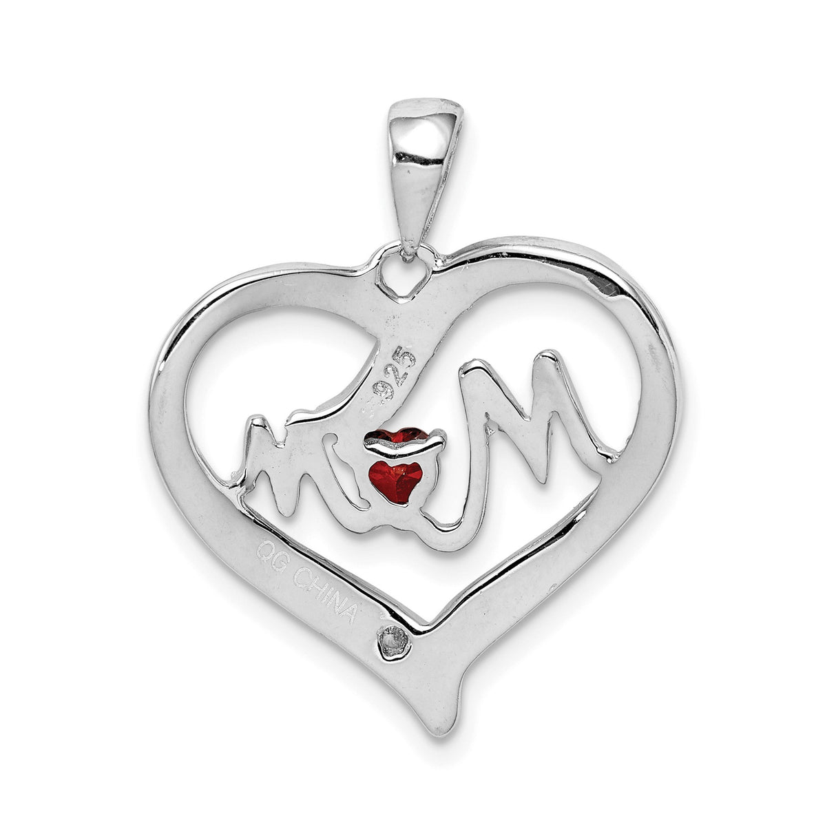 Red CZ Heart and White CZ Mom Heart Charm Pendant in Real 925 Sterling Silver