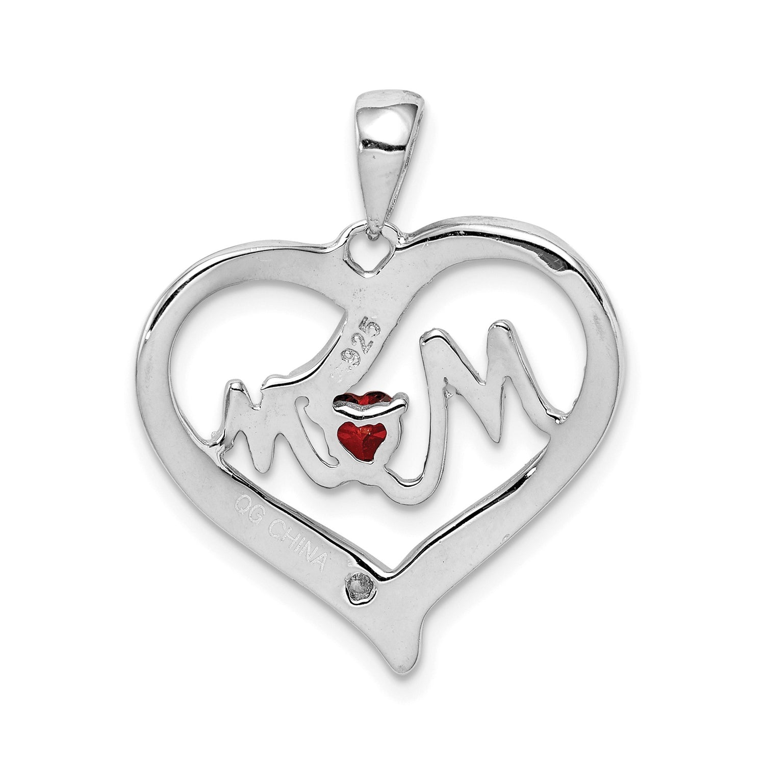 Red CZ Heart and White CZ Mom Heart Charm Pendant in Real 925 Sterling Silver