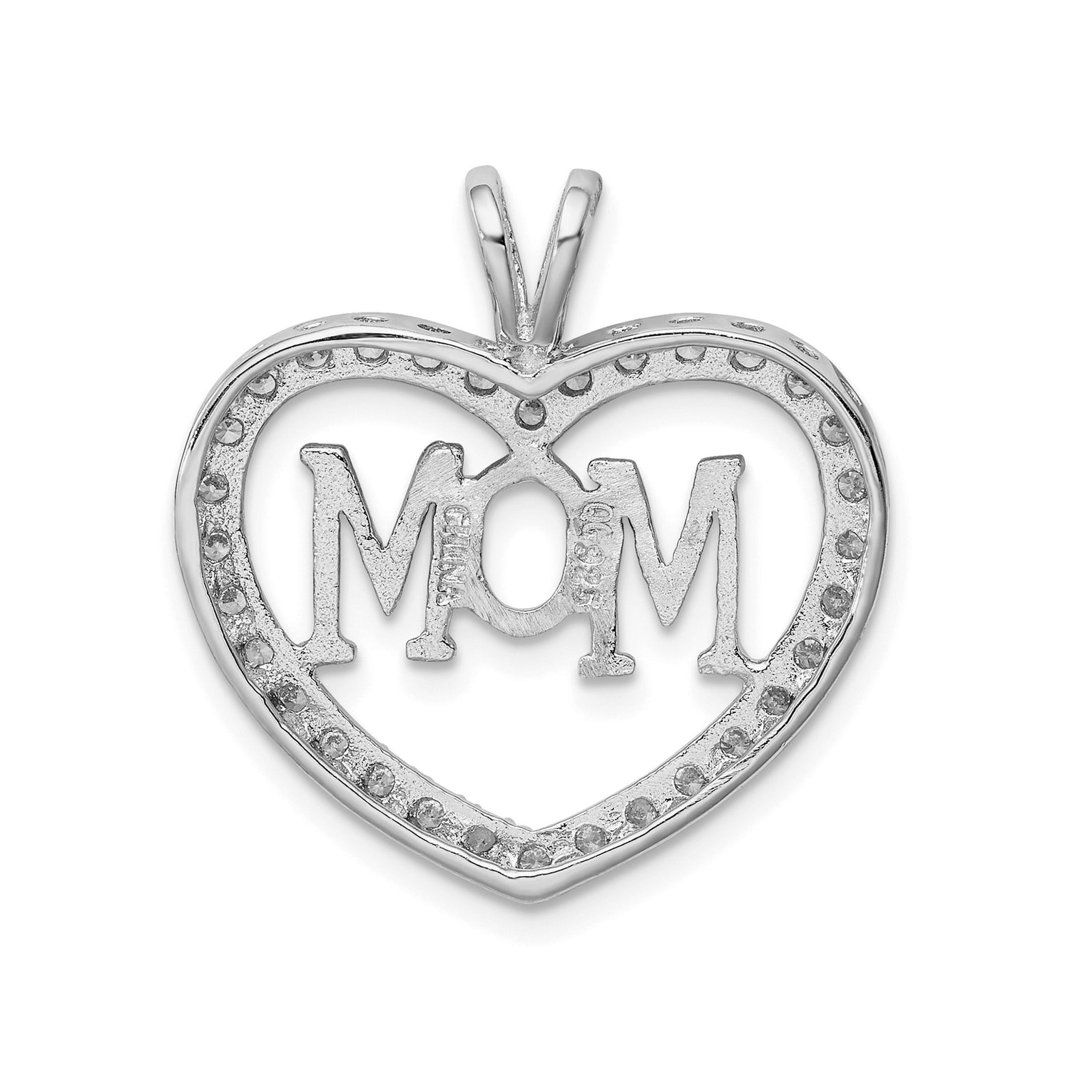 Sterling Silver Heart Pendant with MOM Design and Cubic Zirconia Accents
