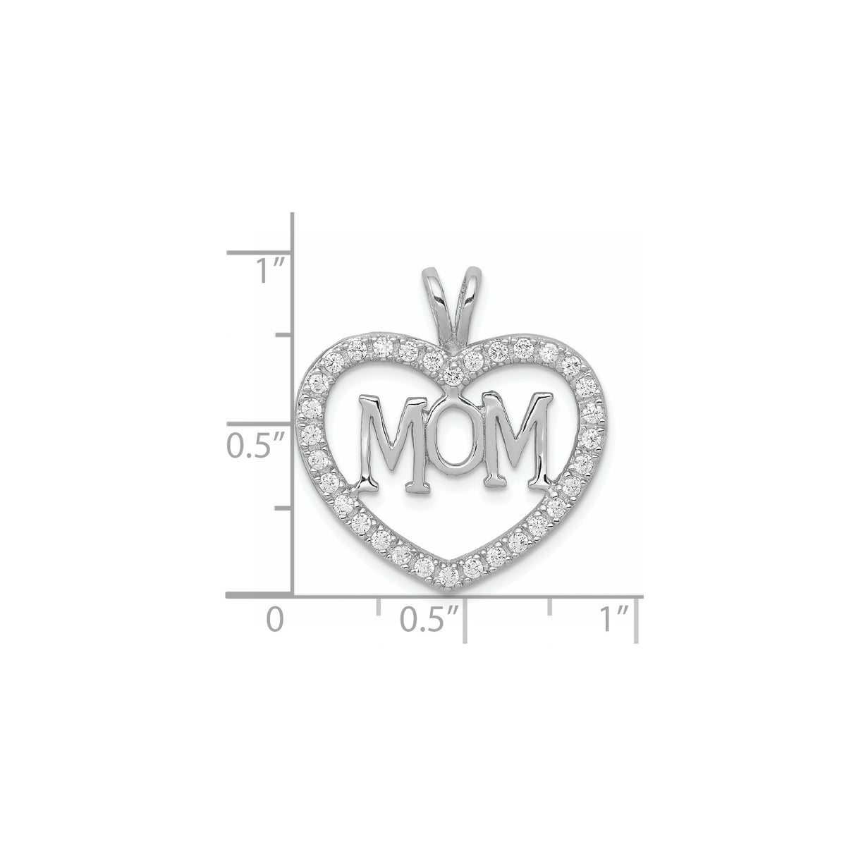 Sterling Silver Heart Pendant with MOM Design and Cubic Zirconia Accents