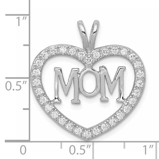 Sterling Silver Heart Pendant with MOM Design and Cubic Zirconia Accents