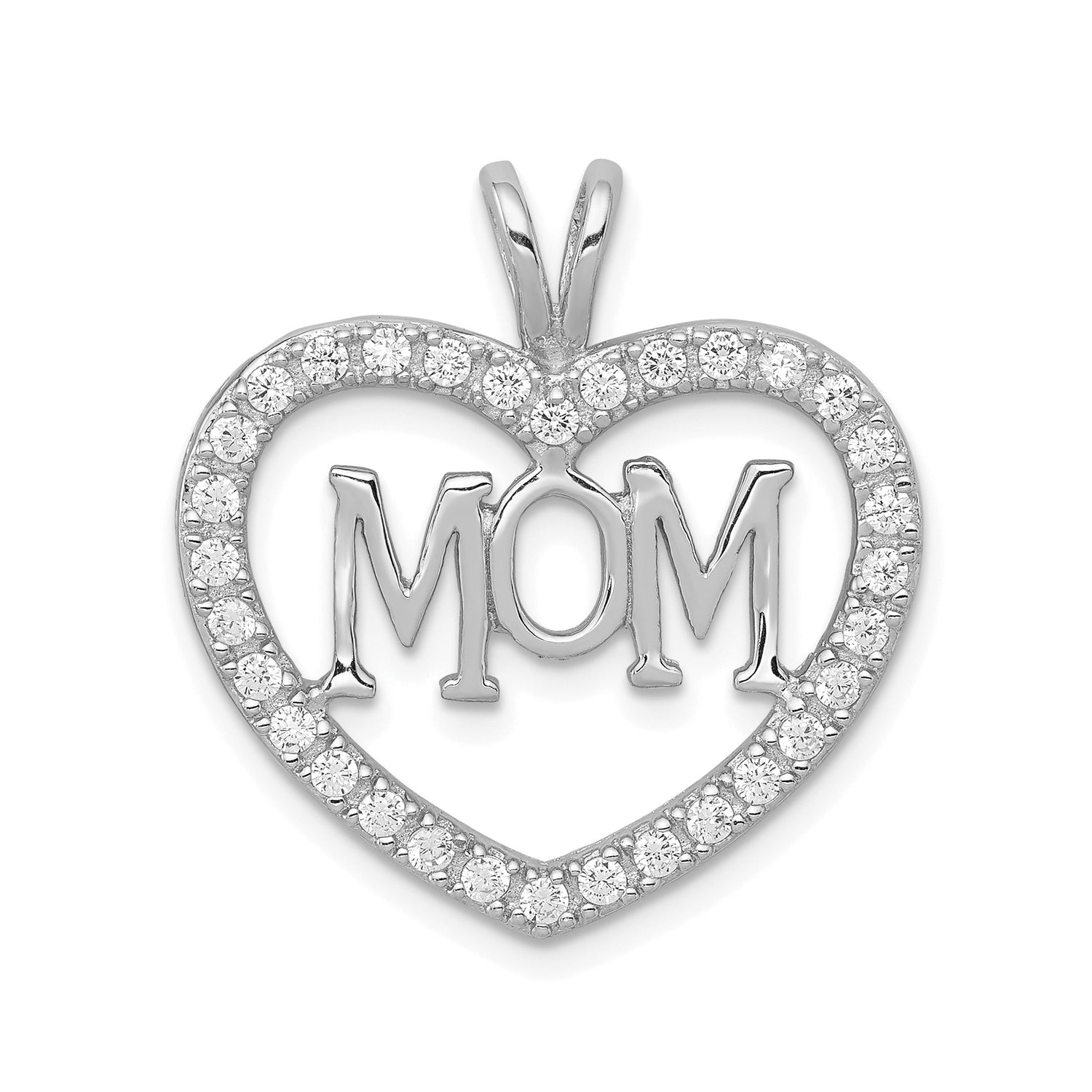 Sterling Silver Heart Pendant with MOM Design and Cubic Zirconia Accents