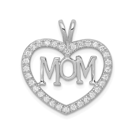 Sterling Silver Heart Pendant with MOM Design and Cubic Zirconia Accents