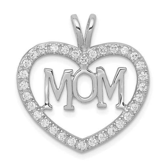 Sterling Silver Heart Pendant with MOM Design and Cubic Zirconia Accents