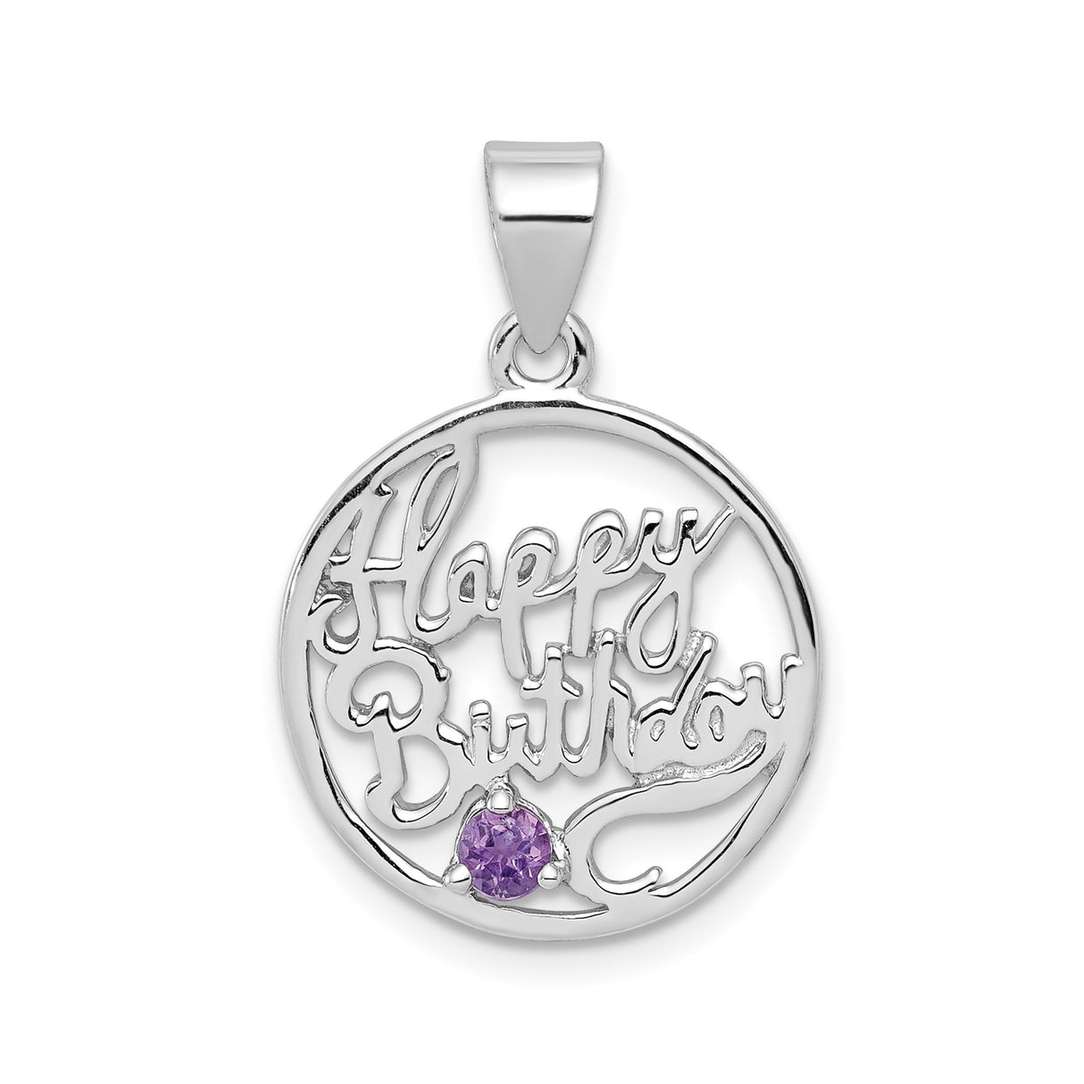 Sterling Silver Happy Birthday Pendant with Round Amethyst Accent