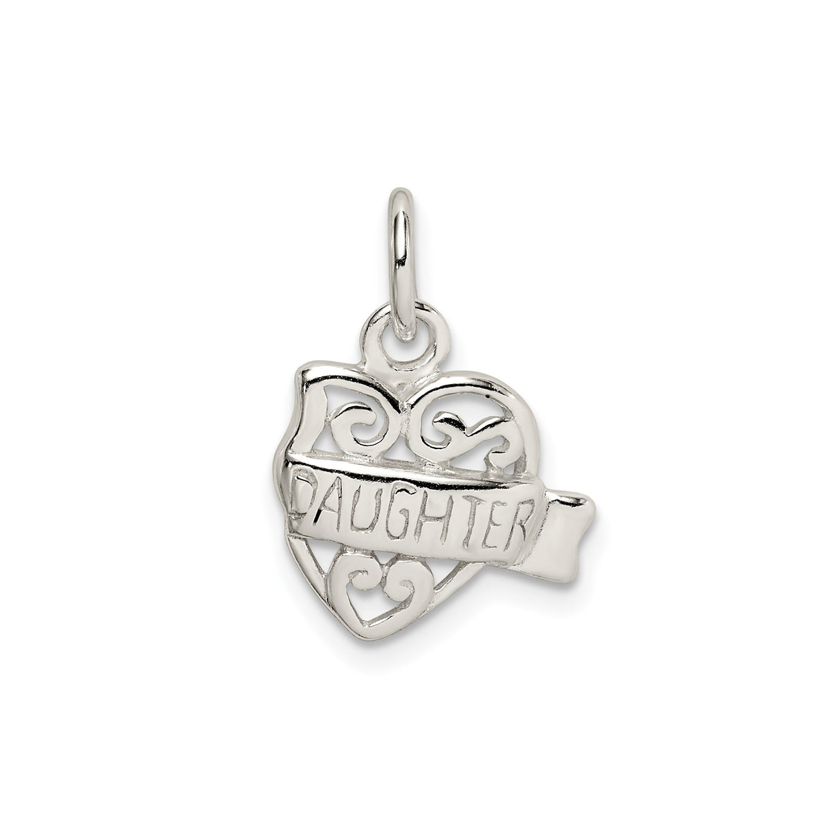 Sterling Silver Heart Shaped Pendant with Scrollwork and Daughter Message Charm