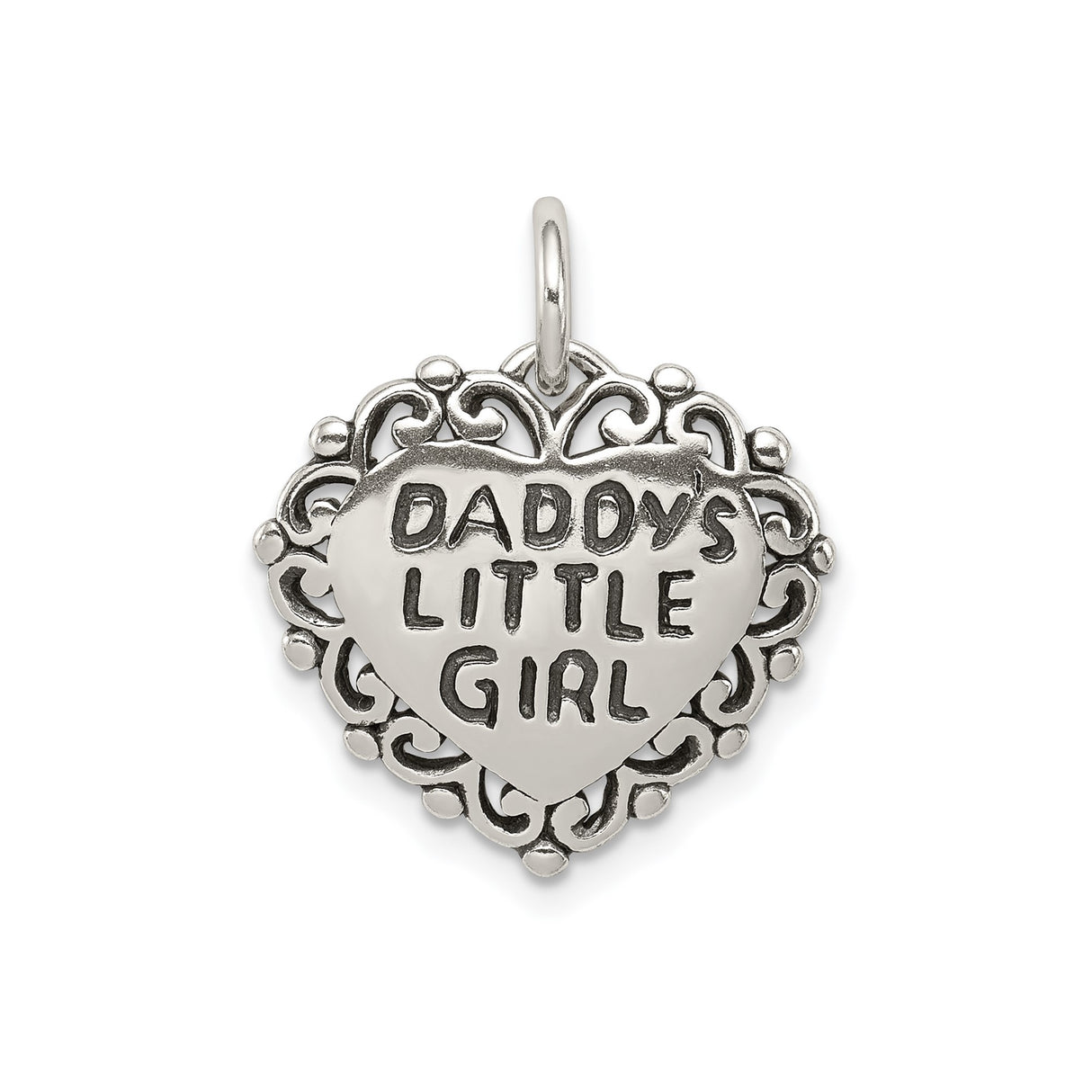 Sterling Silver Heart Pendant with Filigree Border and Daddys Little Girl Message for Girls