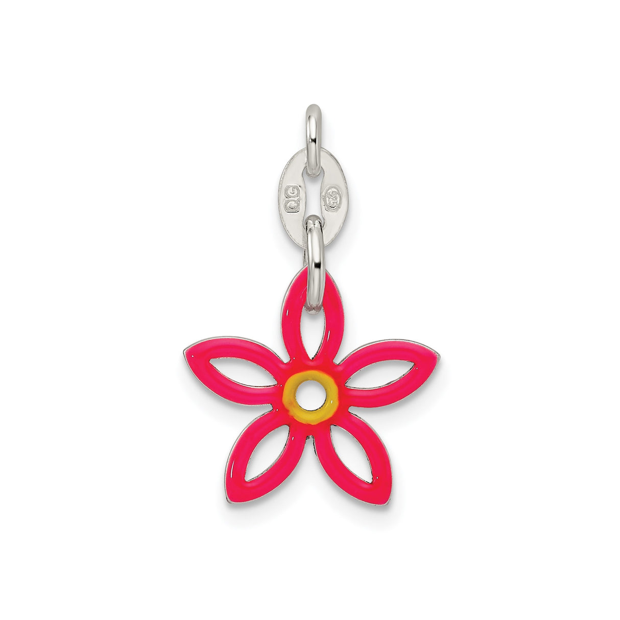 Sterling Silver Flower Charm with Pink Enamel and Yellow Center, Openwork Five-Petal Design