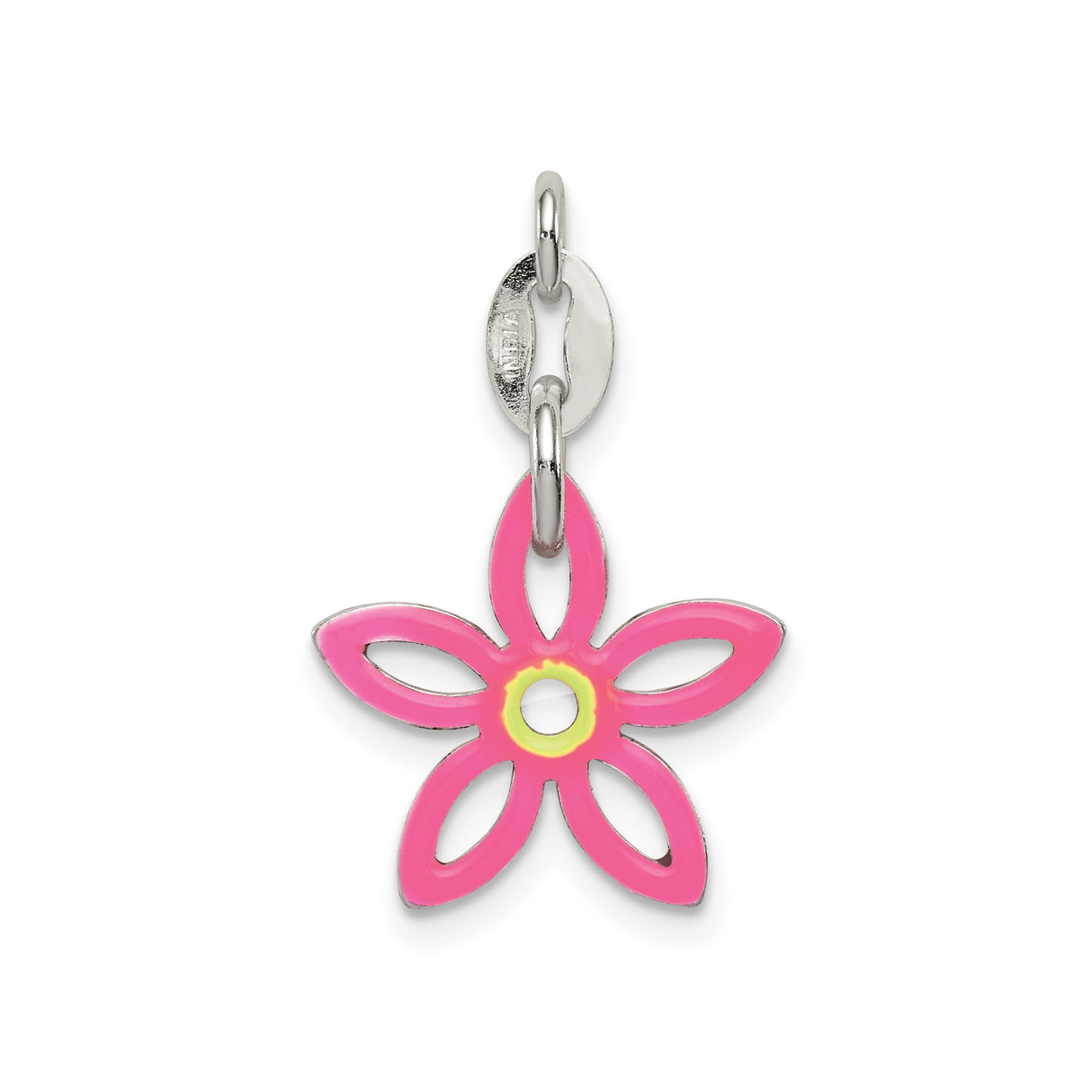 Sterling Silver Flower Charm with Pink Enamel and Yellow Center, Openwork Five-Petal Design