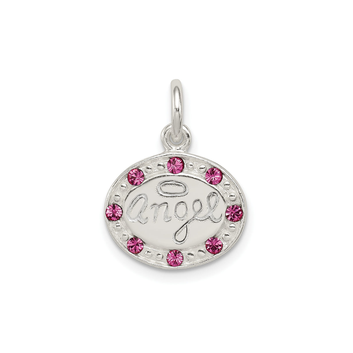 Sterling Silver Angel Pendant with Pink Crystals, Oval Medallion and Halo Design