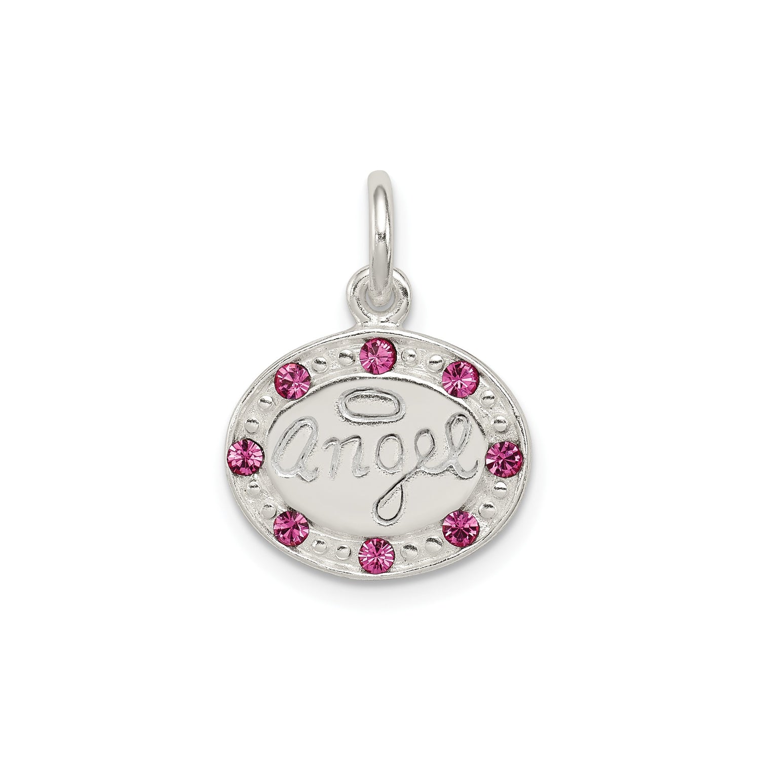 Sterling Silver Angel Pendant with Pink Crystals, Oval Medallion and Halo Design