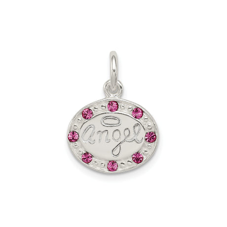 Sterling Silver Angel Pendant with Pink Crystals, Oval Medallion and Halo Design