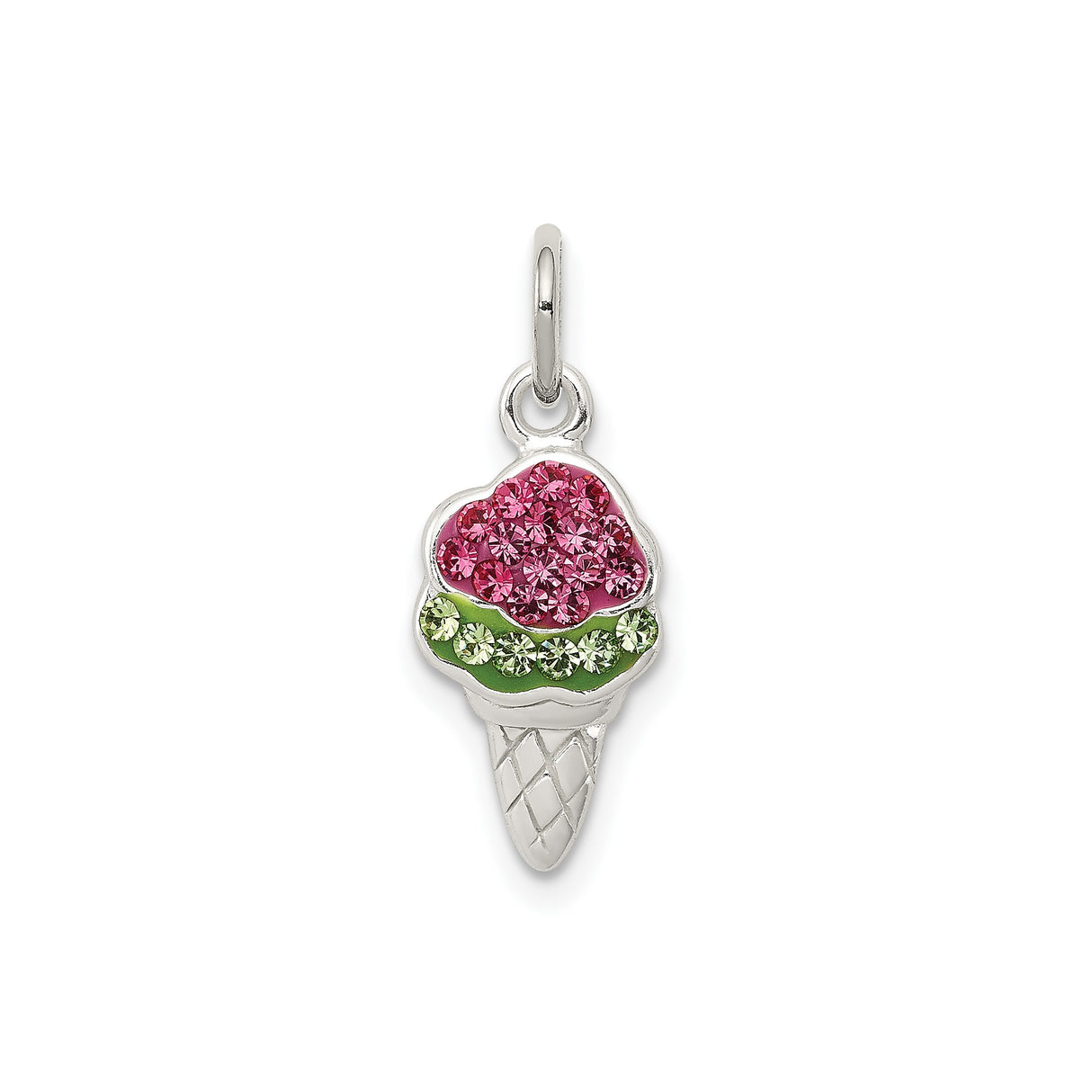 Sterling Silver Ice Cream Cone Charm Pendant with Pink and Green Crystals, Whimsical Dessert Design